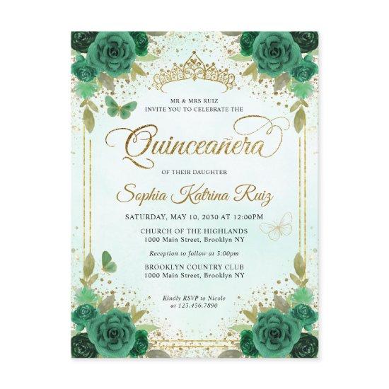 Elegant Floral Emerald Green Glam Gold Quinceañera Postcard