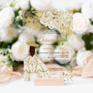 Elegant Floral Ivory Gold Charra Quinceañera Acrylic