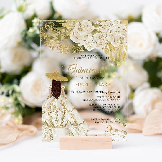 Elegant Floral Ivory Gold Charra Quinceañera Acrylic