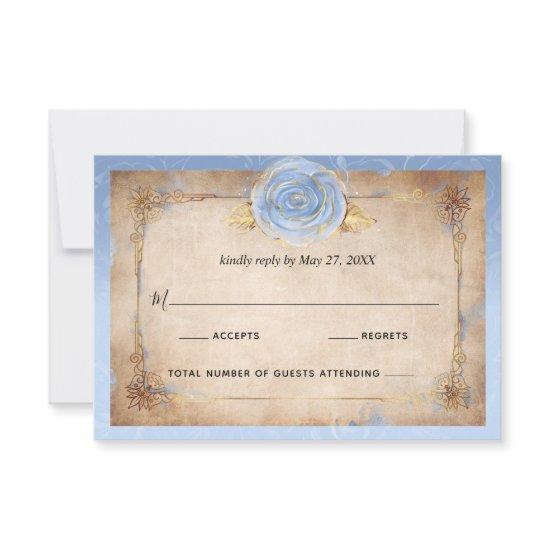 Elegant Floral Light Blue Rose Gold Rustic Wedding RSVP Card