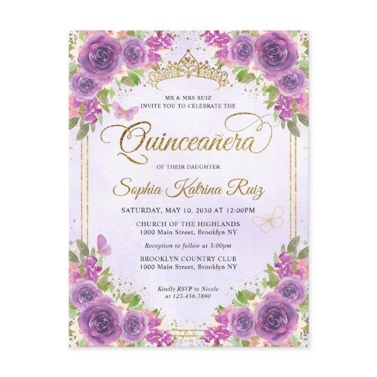 Elegant Floral Light Purple Gold Tiara Quinceañera Postcard