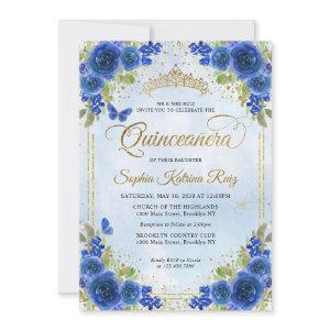 Elegant Floral Navy Blue Gold Tiara Quinceañera