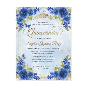 Elegant Floral Navy Blue Gold Tiara Quinceañera Postcard