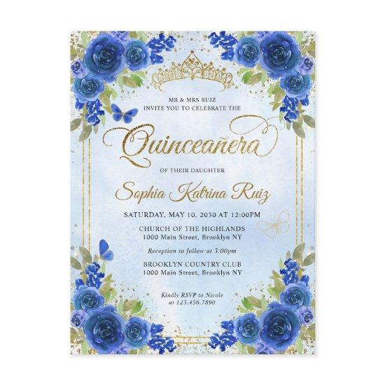 Elegant Floral Navy Blue Gold Tiara Quinceañera Postcard