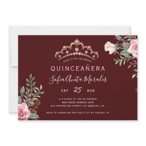 Elegant floral princess tiara burgundy Quinceanera