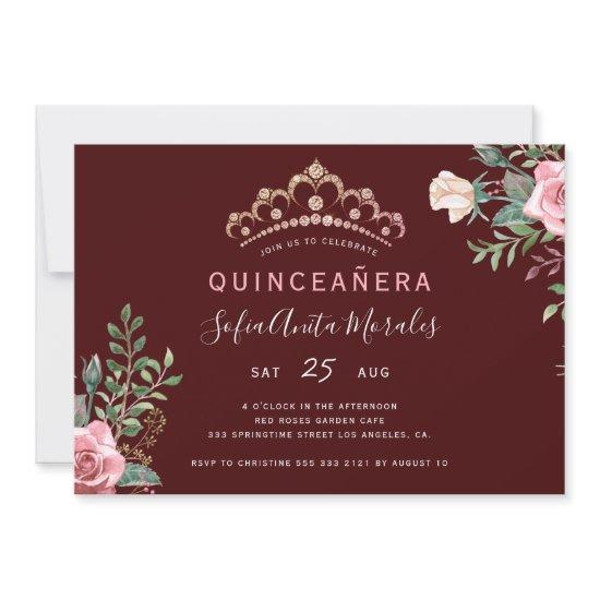 Elegant floral princess tiara burgundy Quinceanera