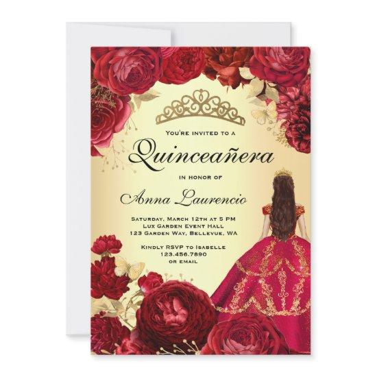 Elegant Floral Red and Gold Quinceanera