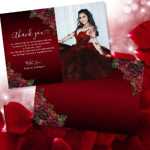 Elegant Floral Red Gold Quinceañera Birthday Photo Thank You Card
