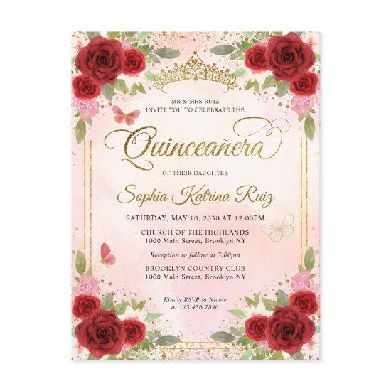 Elegant Floral Red Pink Gold Tiara Quinceañera Postcard