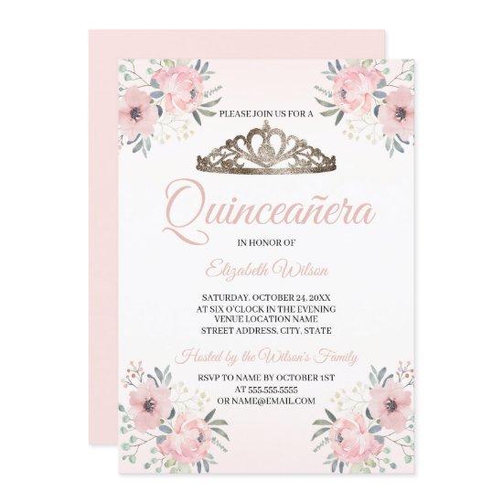 Elegant Floral Rose Gold Blush Pink Quinceanera