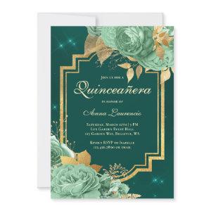 Elegant Floral Roses Sage Green Gold Quinceanera