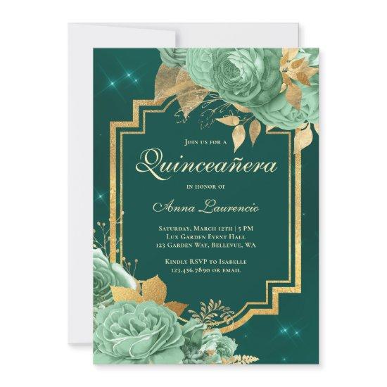 Elegant Floral Roses Sage Green Gold Quinceanera