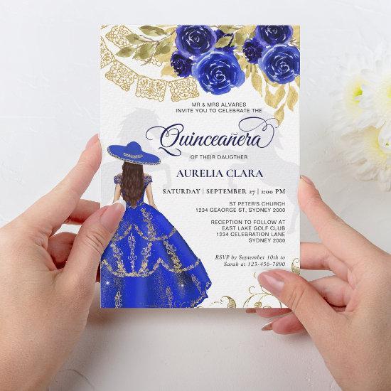 Elegant Floral Royal Blue Horse Quinceañera