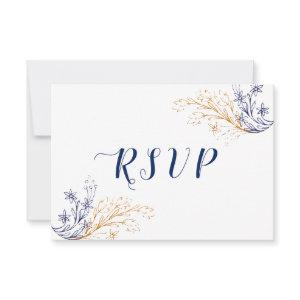 Elegant Floral Royal Blue Roses & Gold Flowers RSVP Card