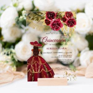 Elegant Floral Ruby Red Charra Quinceañera Acrylic