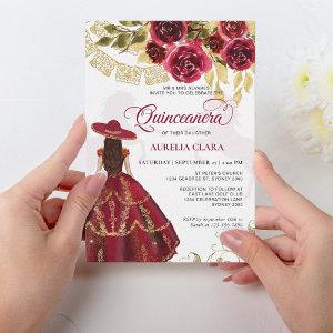 Elegant Floral Ruby Red Horse Quinceañera