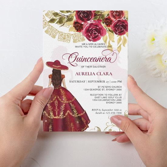 Elegant Floral Ruby Red Horse Quinceañera