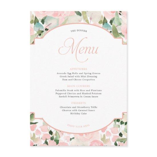 Elegant Floral Watercolor Blush Pink Party Menu