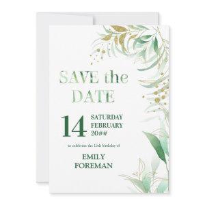 Elegant Foliage Green Gold Watercolor and Glitter Save The Date