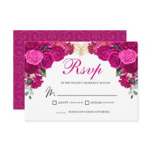Elegant Fuchsia Gold Floral RSVP Enclosure Card