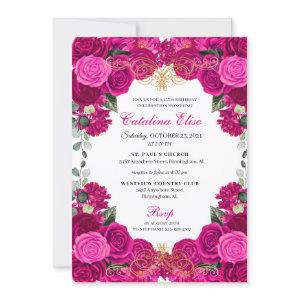 Elegant Fuchsia Pink Floral Quinceanera Birthday I