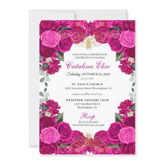 Elegant Fuchsia Pink Floral Quinceanera Birthday I