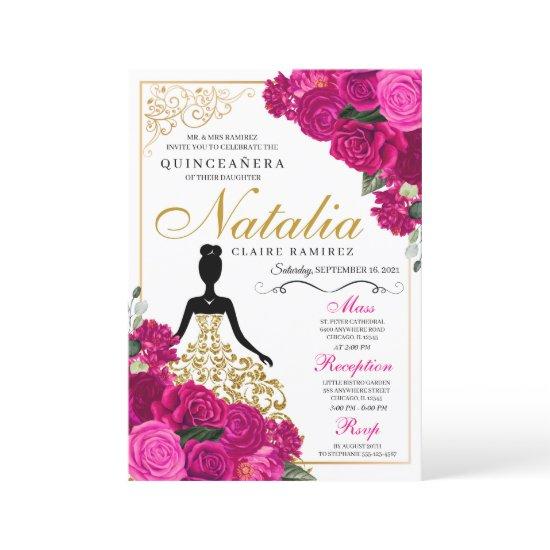 Elegant Fuchsia Pink Floral Quinceanera Birthday