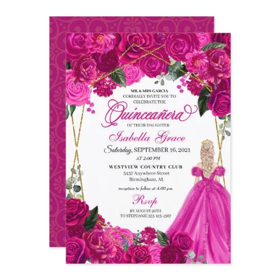 Elegant Fuchsia Pink Floral Quinceanera Birthday