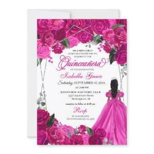 Elegant Fuchsia Pink Silver Floral Quinceanera  In