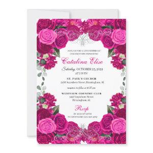Elegant Fuchsia Pink Silver Floral Quinceanera  In