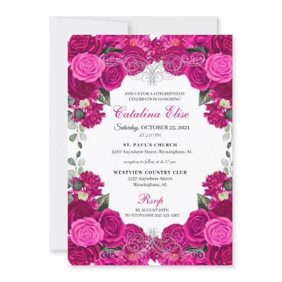 Elegant Fuchsia Pink Silver Floral Quinceanera  In