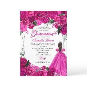 Elegant Fuchsia Pink Silver Floral Quinceanera Inv
