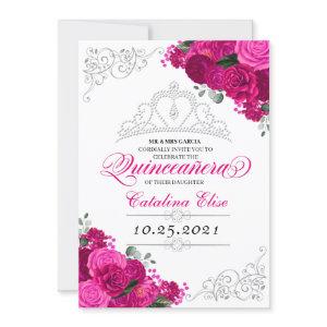 Elegant Fuchsia Pink Silver Floral Quinceanera