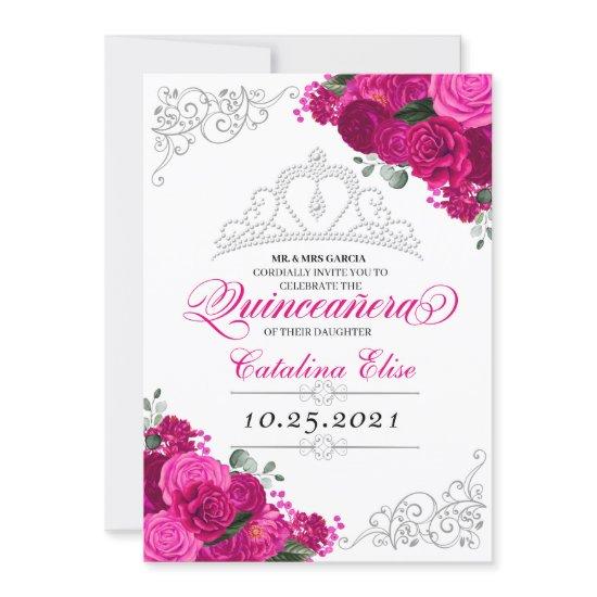 Elegant Fuchsia Pink Silver Floral Quinceanera
