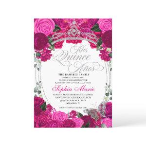 Elegant Fuchsia Pink Silver Floral Quinceanera