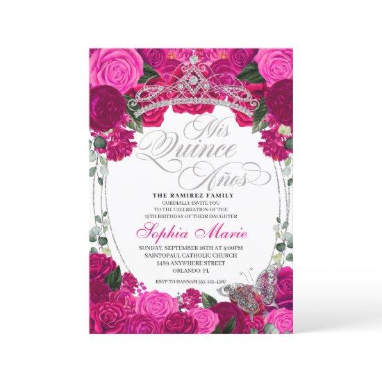 Elegant Fuchsia Pink Silver Floral Quinceanera