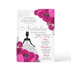 Elegant Fuchsia Pink Silver Floral Quinceanera
