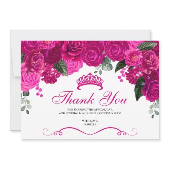 Elegant Fuchsia Pink Silver Floral Quinceanera Thank You Card