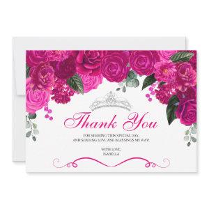 Elegant Fuchsia Pink Silver Floral Quinceanera  Thank You Card