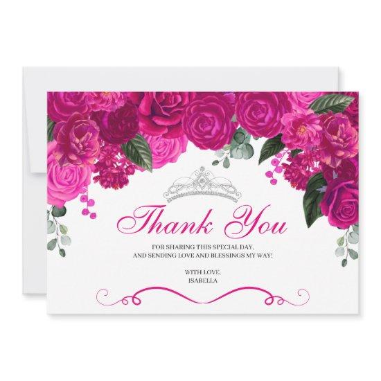 Elegant Fuchsia Pink Silver Floral Quinceanera  Thank You Card