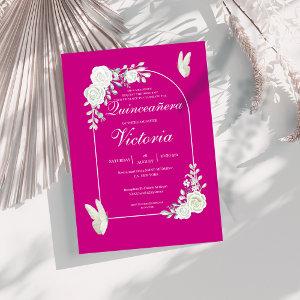 Elegant Fuchsia White Roses Butterfly Quinceañera