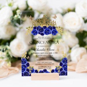 Elegant Glam Blue Floral Gold Tiara Quinceanera Acrylic