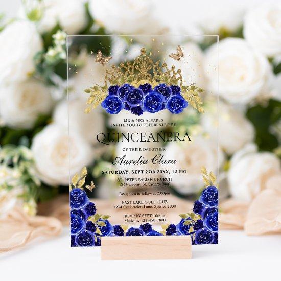 Elegant Glam Blue Floral Gold Tiara Quinceanera Acrylic
