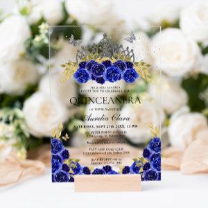 Elegant Glam Blue Floral Silver Tiara Quinceanera Acrylic