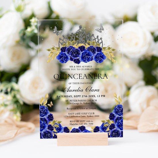 Elegant Glam Blue Floral Silver Tiara Quinceanera Acrylic