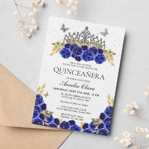 Elegant Glam Blue Floral Silver Tiara Quinceanera