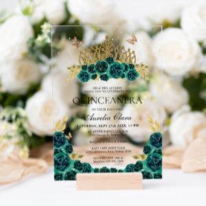 Elegant Glam Green Floral Gold Tiara Quinceanera Acrylic