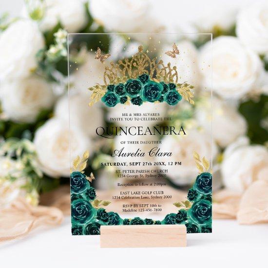 Elegant Glam Green Floral Gold Tiara Quinceanera Acrylic