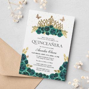 Elegant Glam Green Floral Gold Tiara Quinceanera