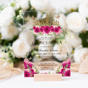Elegant Glam Pink Floral Gold Tiara Quinceanera Acrylic